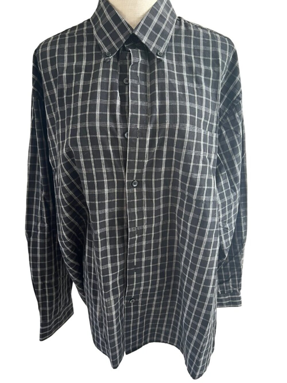 Van Heusen Mens No Iron Black & White Plaid Dress Shirt XL